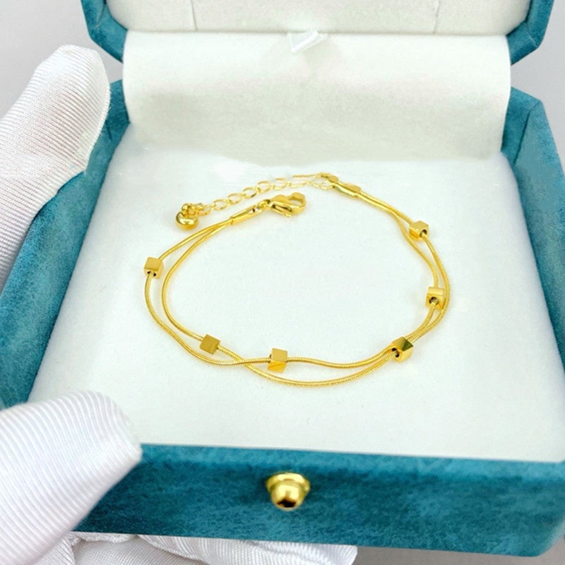 Gelang Square Double Layer untuk Wanita - Bangle Vintage Rantai Emas Anti Pudar | Perhiasan Hadiah Elegan - 我的商店