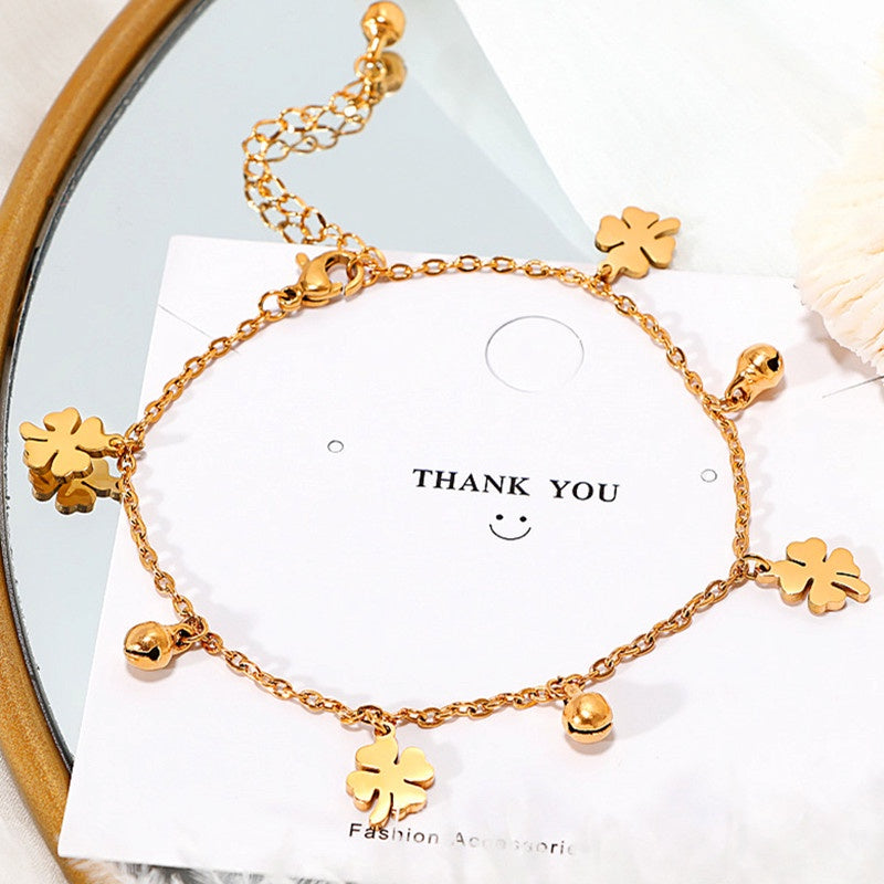 Gelang Kaki Daun Semanggi Wanita - Stainless Steel Emas Anti Kusam, Hadiah Keberuntungan - 我的商店