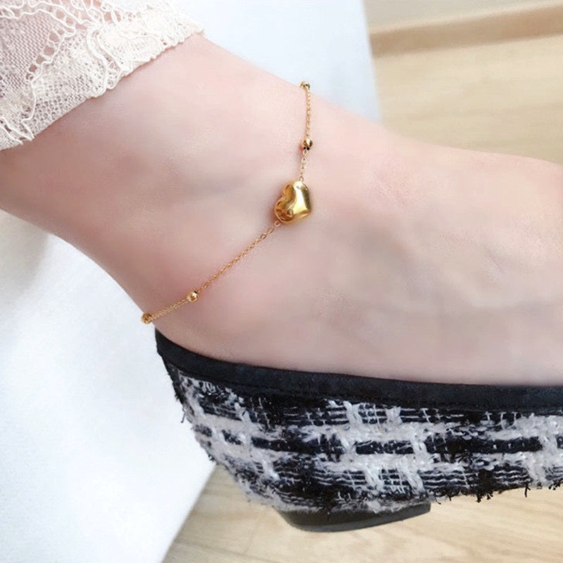 Gelang Kaki Manik Hati Wanita - Rantai Emas Stainless Steel Anti Kusam & Anti Pudar - 我的商店