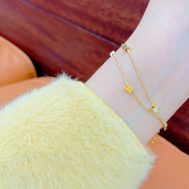 Gelang Square Double Layer untuk Wanita - Bangle Vintage Rantai Emas Anti Pudar | Perhiasan Hadiah Elegan - 我的商店