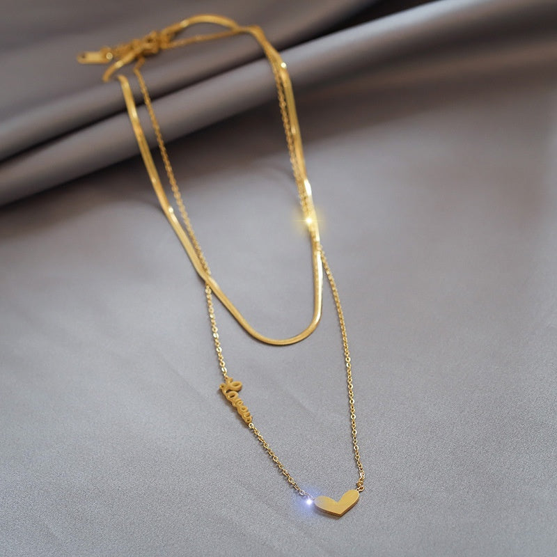 Kalung Stainless Steel Wanita - Double Layer Heart Pendant dengan Rantai Emas | Hadiah Perhiasan Elegan - 我的商店