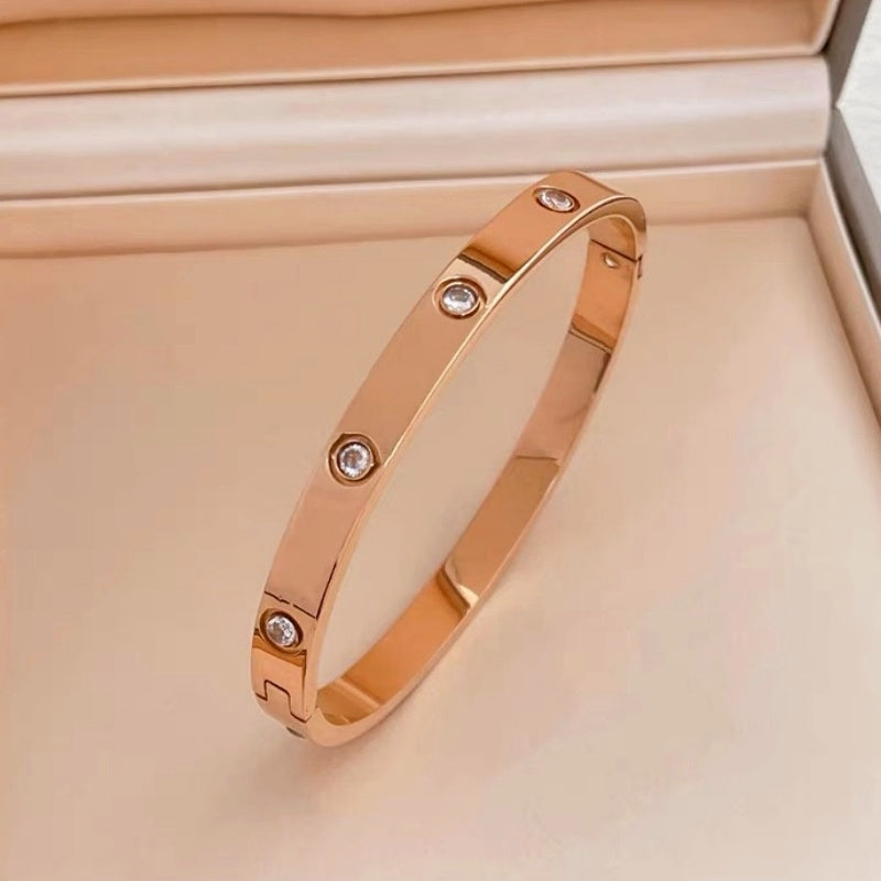 Gelang Berlian Mewah 18k Emas untuk Wanita - Bangle Stainless Steel Anti Pudar | Aksesoris Perhiasan Elegan - 我的商店