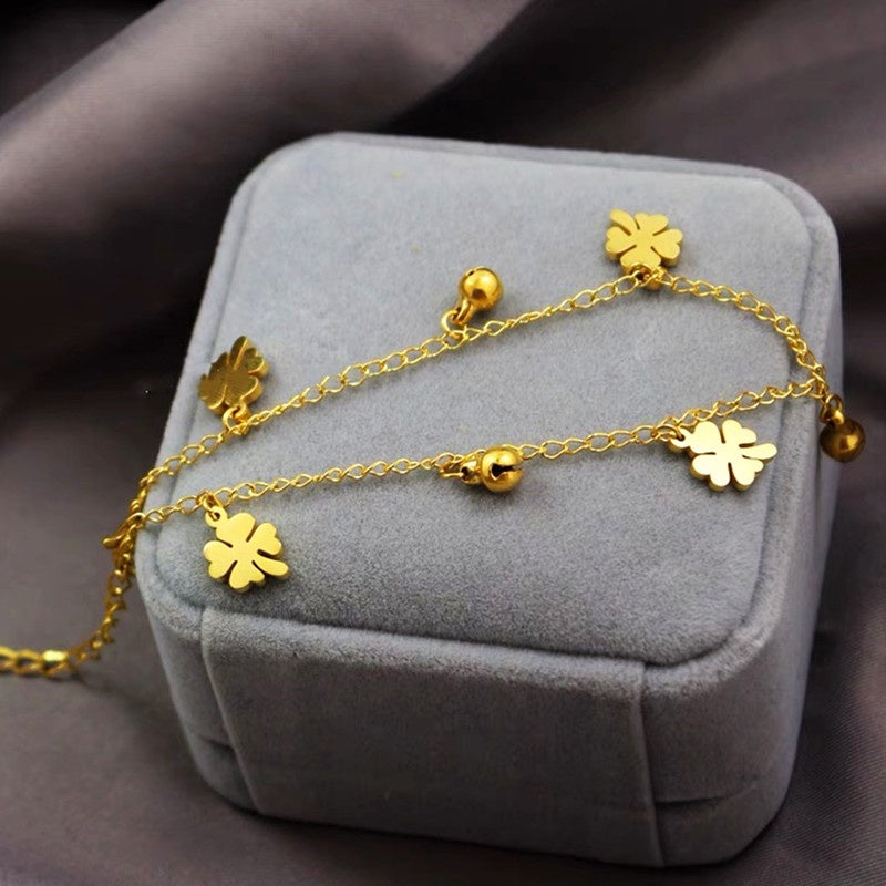 Gelang Kaki Daun Semanggi Wanita - Stainless Steel Emas Anti Kusam, Hadiah Keberuntungan - 我的商店