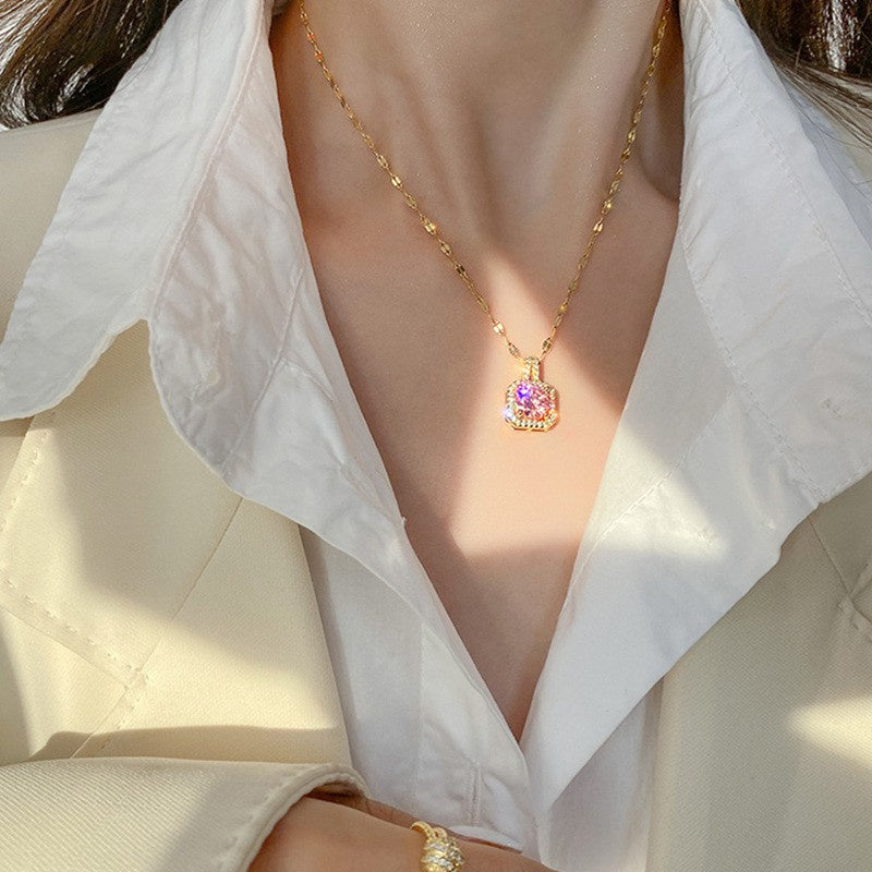 Kalung Wanita Liontin Berlian Kotak - Stainless Steel Lapis Emas, Tidak Kusam, Elegan & Mewah! - 我的商店