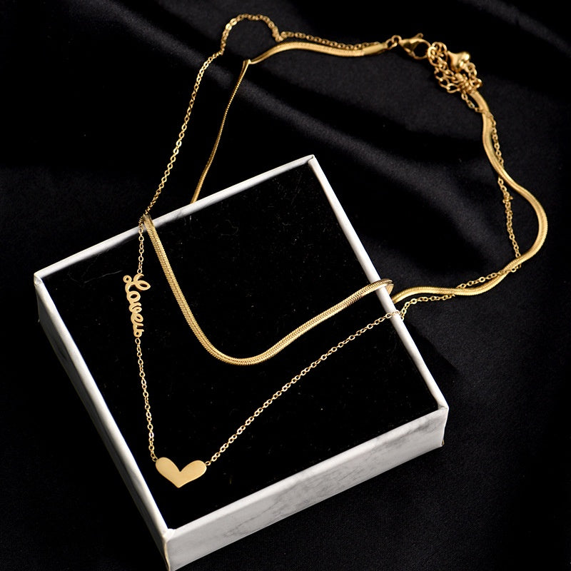 Kalung Stainless Steel Wanita - Double Layer Heart Pendant dengan Rantai Emas | Hadiah Perhiasan Elegan - 我的商店