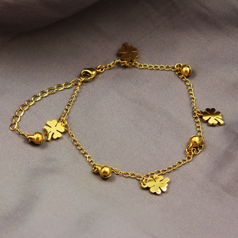 Gelang Kaki Daun Semanggi Wanita - Stainless Steel Emas Anti Kusam, Hadiah Keberuntungan - 我的商店
