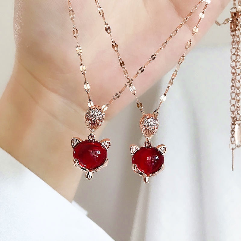 Kalung Mewah Liontin Rubi & Kristal - Emas Rose 18K Anti Karat, Rantai Klavikula Pembawa Keberuntungan - 我的商店