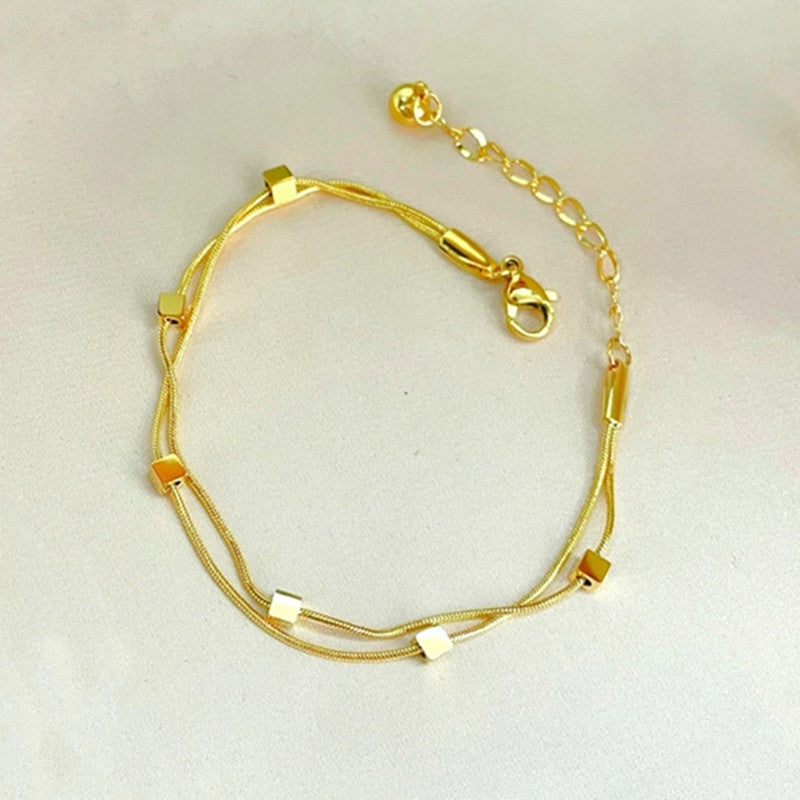 Gelang Square Double Layer untuk Wanita - Bangle Vintage Rantai Emas Anti Pudar | Perhiasan Hadiah Elegan - 我的商店