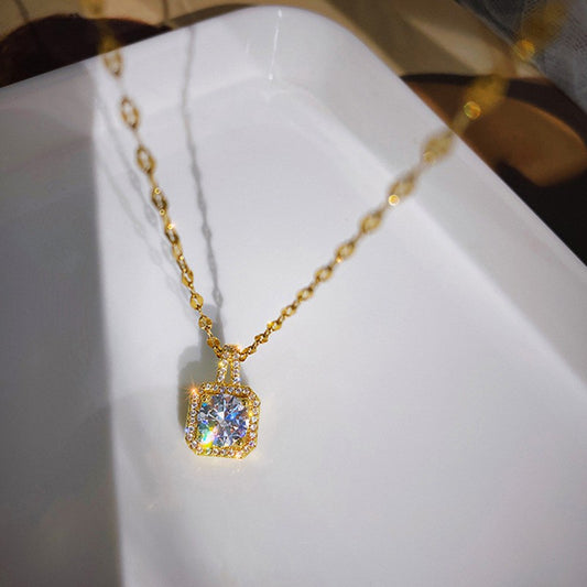 Kalung Wanita Liontin Berlian Kotak - Stainless Steel Lapis Emas, Tidak Kusam, Elegan & Mewah! - 我的商店