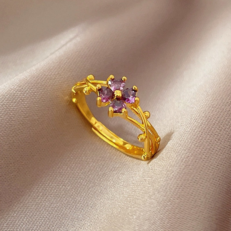 Cincin Wanita Adjustable - Bunga Ungu Lapis Emas 18K, Stainless Steel Anti Kusam - 我的商店