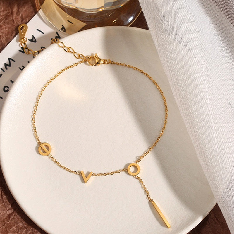 Gelang Kaki "LOVE" Wanita - Rantai Emas Stainless Steel Anti Kusam, Aksesoris Pantai - 我的商店