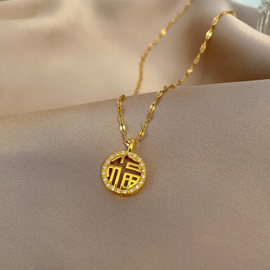 Kalung Berlian "FU" Pembawa Keberuntungan - Stainless Steel Anti Kusam untuk Wanita - 我的商店