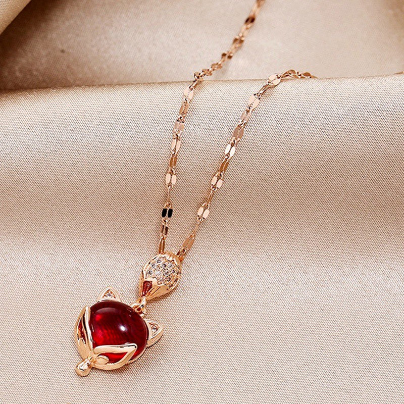 Kalung Mewah Liontin Rubi & Kristal - Emas Rose 18K Anti Karat, Rantai Klavikula Pembawa Keberuntungan - 我的商店