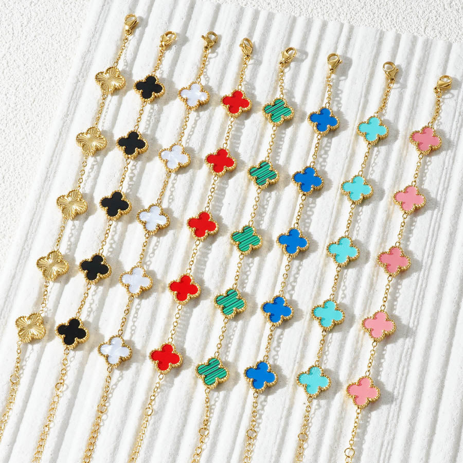 Four-leaf Clover Set Gelang Keberuntungan - Perhiasan Wanita Anti Karat dari Baja Tahan Karat 我的商店