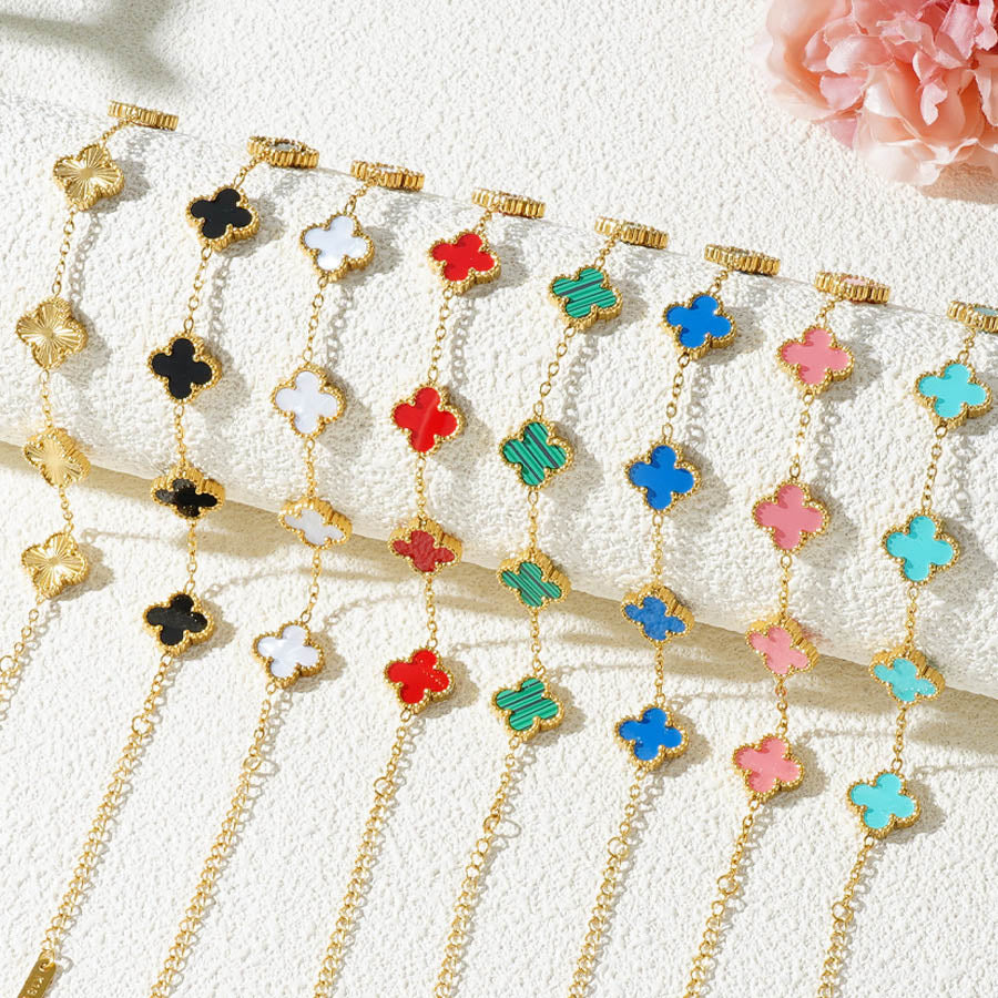 Four-leaf Clover Set Gelang Keberuntungan - Perhiasan Wanita Anti Karat dari Baja Tahan Karat 我的商店