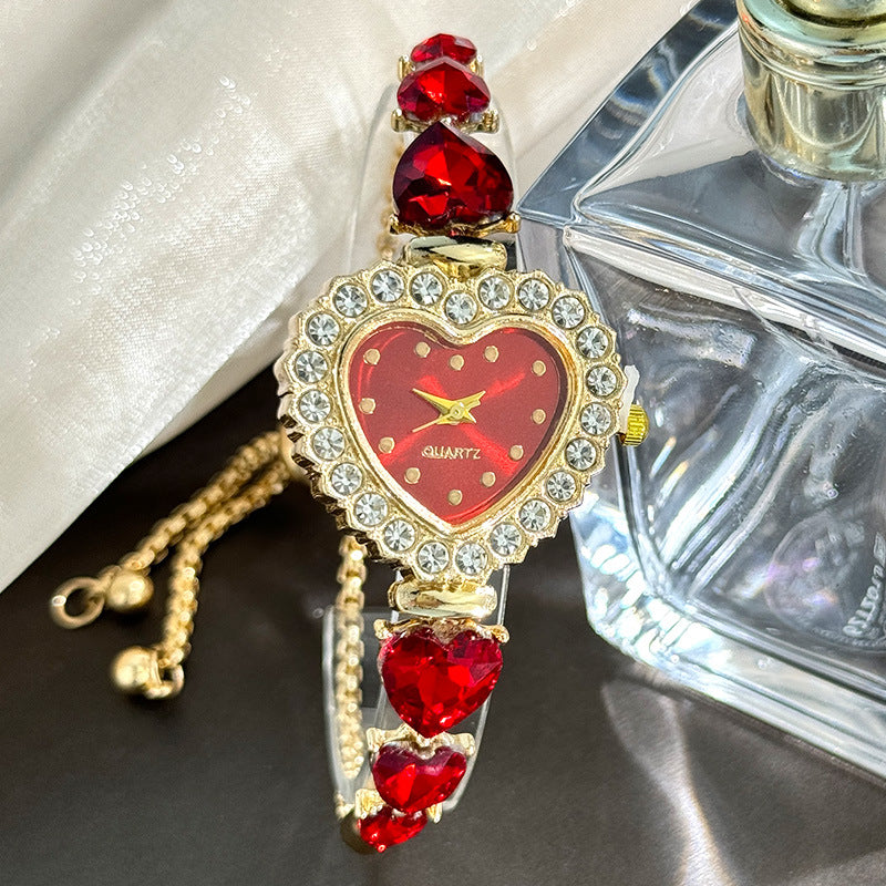 Gelang Dekoratif Bentuk Bunga Cinta Jam Kuarsa Dial Berlian Tali Tarik Jam Tangan Fashion Wanita5