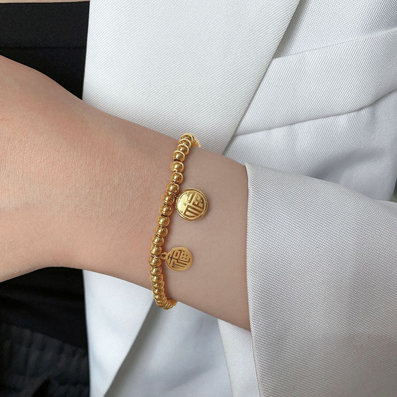 Gelang Lucky Charms 2025 Wanita - Manik Emas 18k & Simbol 'FU' Pembawa Kebahagiaan, Gelang Stainless Steel Elegan, Grosir Harga Terbaik3