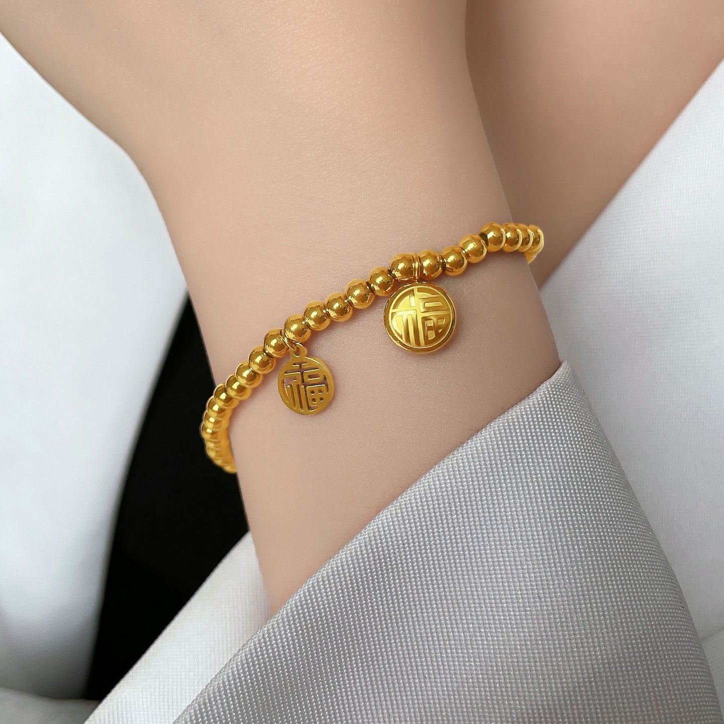Gelang Lucky Charms 2025 Wanita - Manik Emas 18k & Simbol 'FU' Pembawa Kebahagiaan, Gelang Stainless Steel Elegan, Grosir Harga Terbaik7