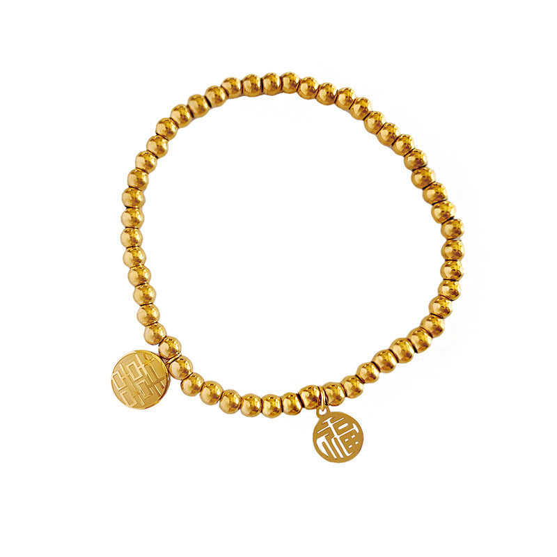 Gelang Lucky Charms 2025 Wanita - Manik Emas 18k & Simbol 'FU' Pembawa Kebahagiaan, Gelang Stainless Steel Elegan, Grosir Harga Terbaik 9