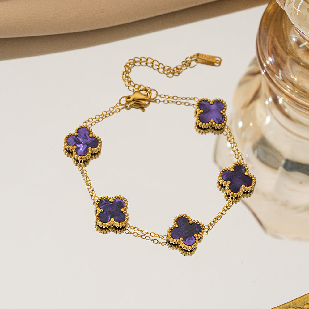 Gelang Titanium Bunga Four-leaf Clover Bolak Balik 13MM Bergradiasi Anti karat Dan Anti Luntur Cantik dan Elegan Fashion - perhiasandirect