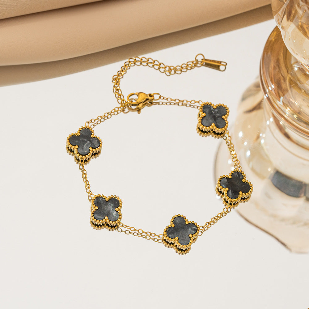 Gelang Titanium Bunga Four-leaf Clover Bolak Balik 13MM Bergradiasi Anti karat Dan Anti Luntur Cantik dan Elegan Fashion - perhiasandirect