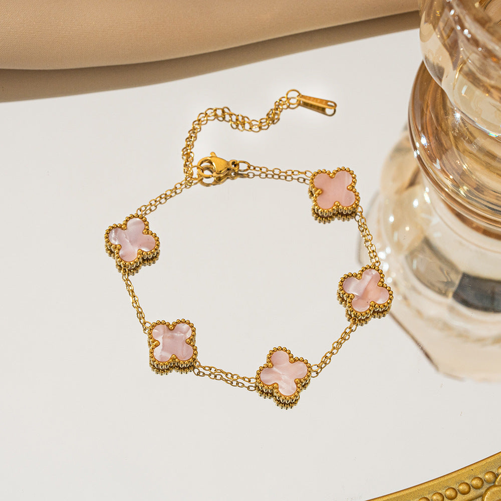 Gelang Titanium Bunga Four-leaf Clover Bolak Balik 13MM Bergradiasi Anti karat Dan Anti Luntur Cantik dan Elegan Fashion - perhiasandirect