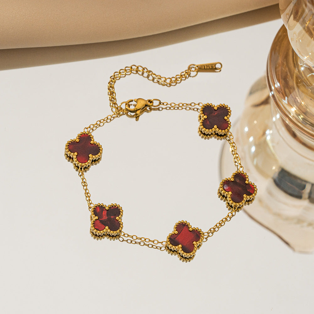 Gelang Titanium Bunga Four-leaf Clover Bolak Balik 13MM Bergradiasi Anti karat Dan Anti Luntur Cantik dan Elegan Fashion - perhiasandirect