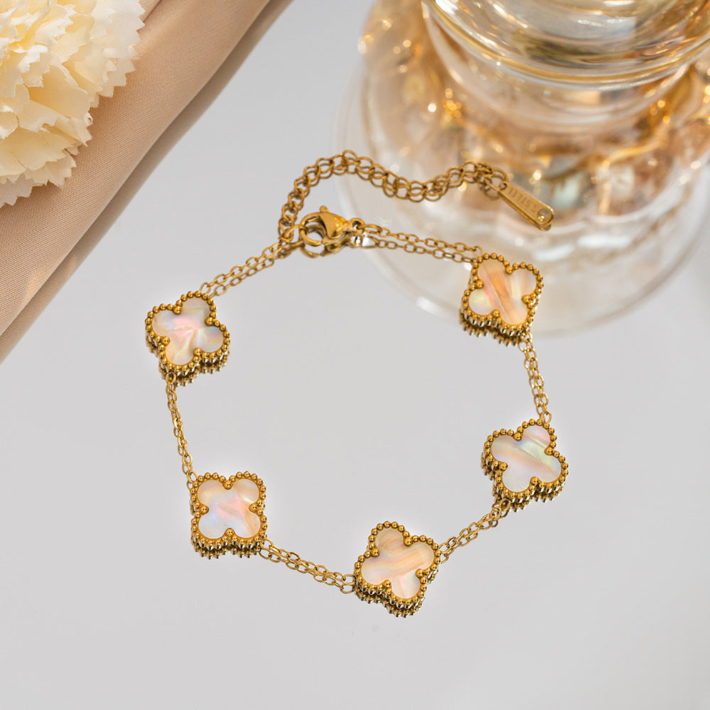 Gelang Titanium Bunga Four-leaf Clover Bolak Balik 13MM Bergradiasi Anti karat Dan Anti Luntur Cantik dan Elegan Fashion - perhiasandirect