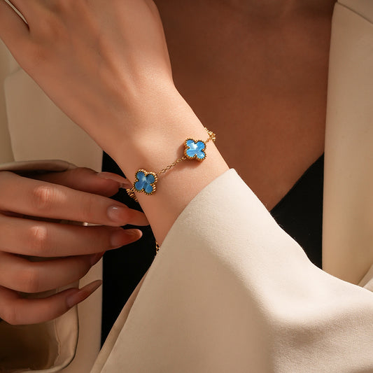 Gelang Titanium Bunga Four-leaf Clover Bolak Balik 13MM Bergradiasi Anti karat Dan Anti Luntur Cantik dan Elegan Fashion - perhiasandirect