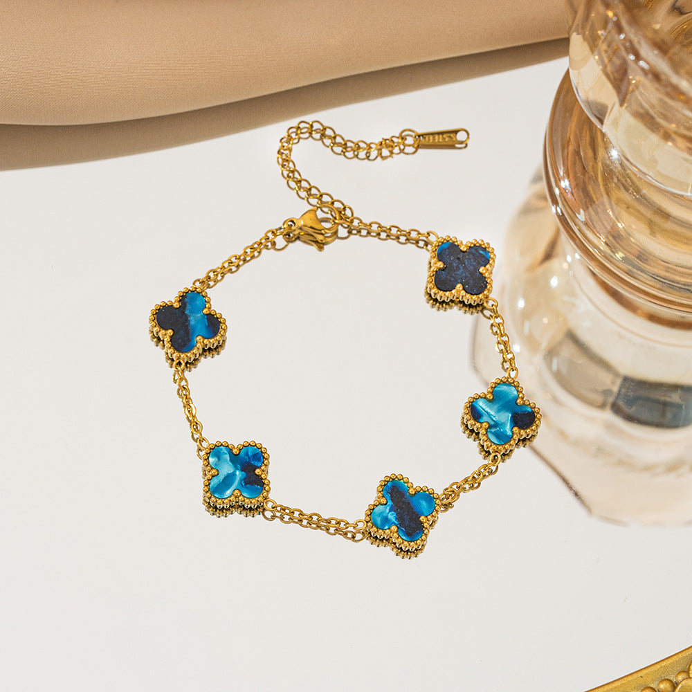 Gelang Titanium Bunga Four-leaf Clover Bolak Balik 13MM Bergradiasi Anti karat Dan Anti Luntur Cantik dan Elegan Fashion - perhiasandirect