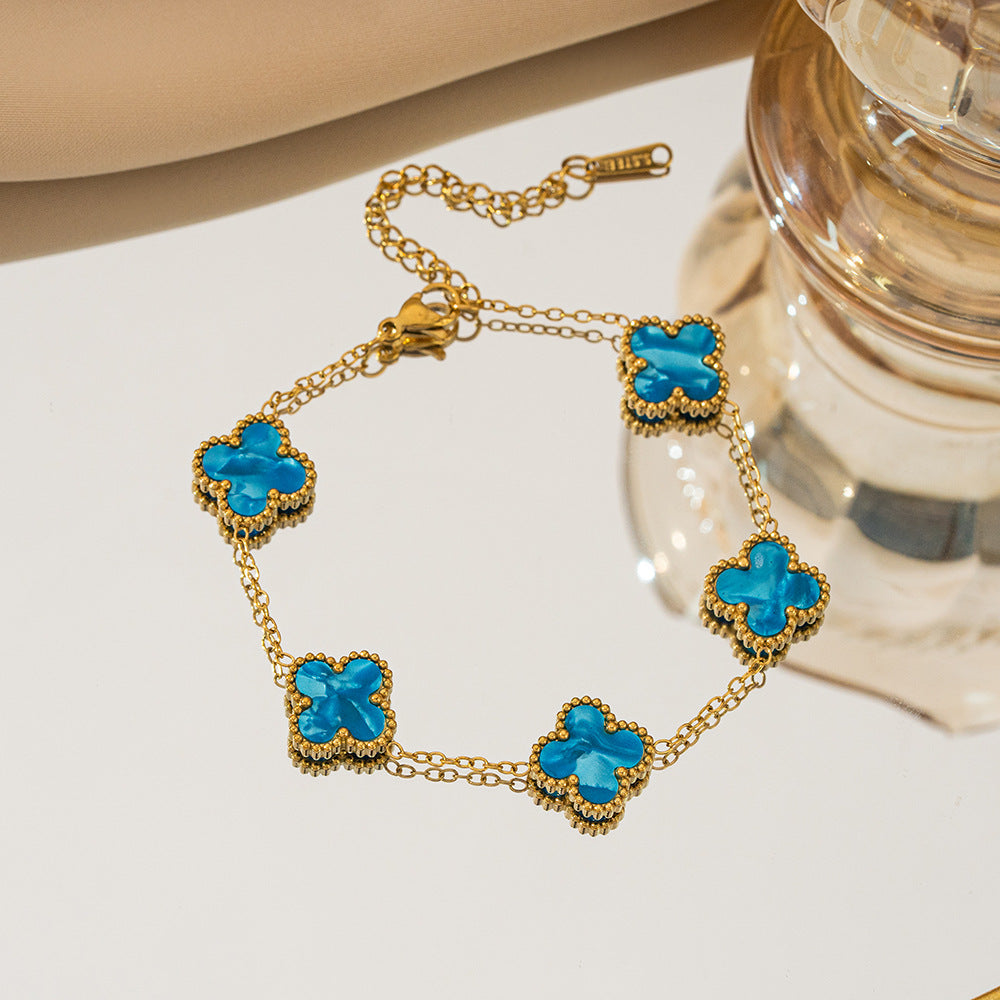 Gelang Titanium Bunga Four-leaf Clover Bolak Balik 13MM Bergradiasi Anti karat Dan Anti Luntur Cantik dan Elegan Fashion - perhiasandirect