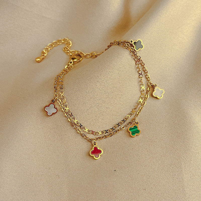 Gelang Titanium Warna-warni Motif Four-leaf Clover • Gaya Korea Kekinian • Anti Karat & Elegan perhiasandirect