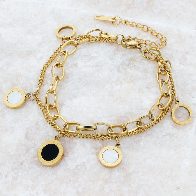 Gelang Wanita Roman - Rantai Emas Lapis Ganda Stainless Steel Anti Pudar - 我的商店