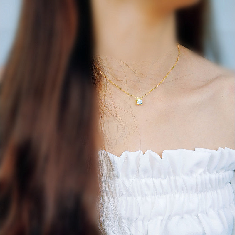Kalung Berlian Solitaire Gaya Korea - Emas 18K Stainless Steel Anti Kusam, Aksesoris Wanita Mewah - 我的商店