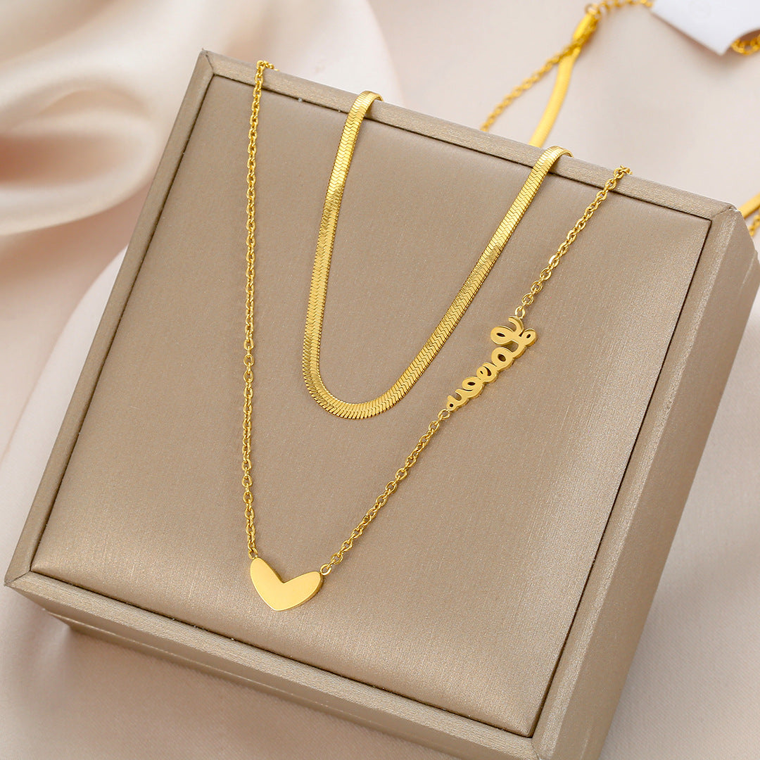 Kalung Stainless Steel Wanita - Double Layer Heart Pendant dengan Rantai Emas | Hadiah Perhiasan Elegan - 我的商店