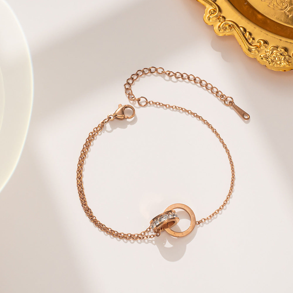 Gelang Double Circle Roman untuk Wanita - Stainless Steel 18k Emas Anti Pudar | Aksesoris Perhiasan Elegan - 我的商店