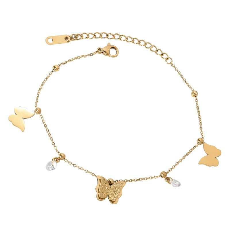 Gelang Kaki Kupu-Kupu Vintage Wanita - Rantai Emas Stainless Steel Berlian, Hadiah Elegan