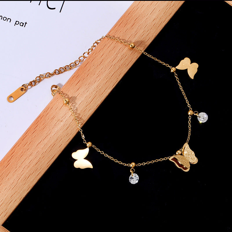 Gelang Kaki Kupu-Kupu Vintage Wanita - Rantai Emas Stainless Steel Berlian, Hadiah Elegan - 我的商店