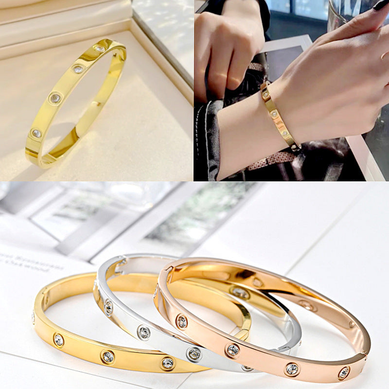 Gelang Berlian Mewah 18k Emas untuk Wanita - Bangle Stainless Steel Anti Pudar | Aksesoris Perhiasan Elegan - 我的商店
