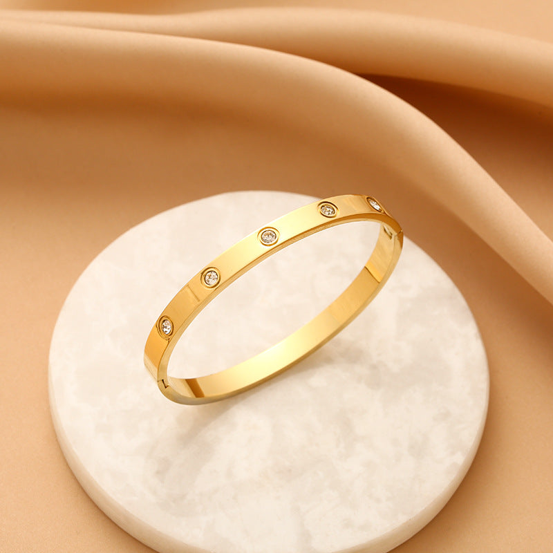 Gelang Berlian Mewah 18k Emas untuk Wanita - Bangle Stainless Steel Anti Pudar | Aksesoris Perhiasan Elegan - 我的商店