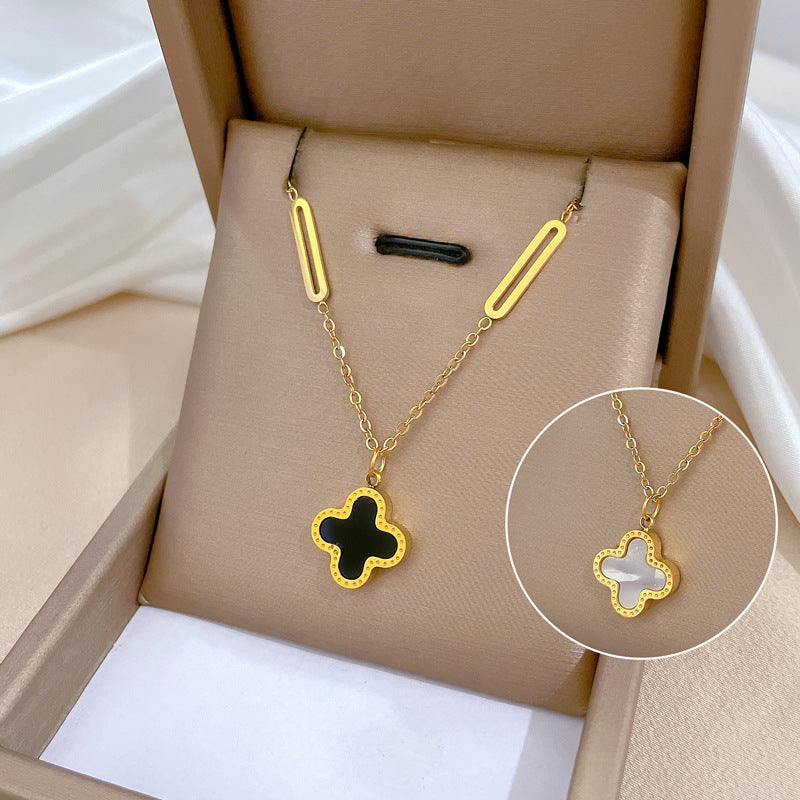 Kalung Daun Semanggi Emas 18K - Stainless Steel Anti Kusam Gaya Korea, Aksesoris Wanita - 我的商店