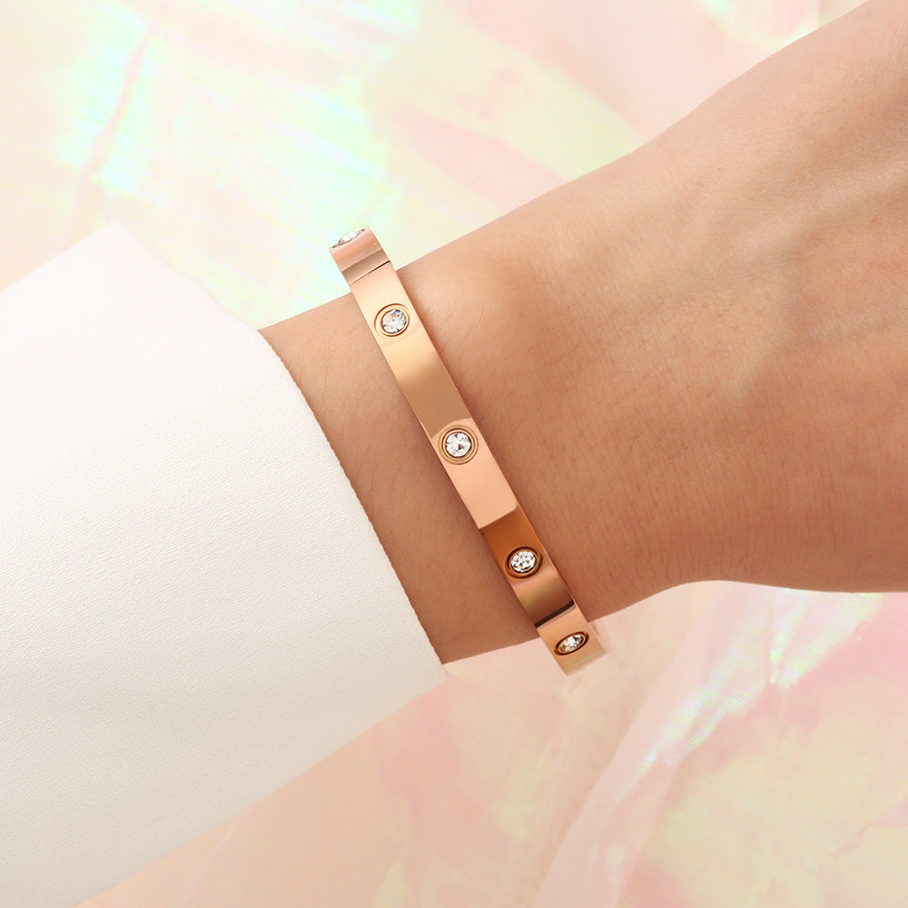 Gelang Berlian Mewah 18k Emas untuk Wanita - Bangle Stainless Steel Anti Pudar | Aksesoris Perhiasan Elegan - 我的商店