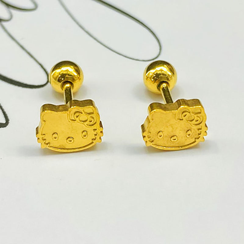 Anting Kucing Lucu Lapis Emas 18K - Stainless Steel Anti Kusam, Aksesoris Pasangan - 我的商店