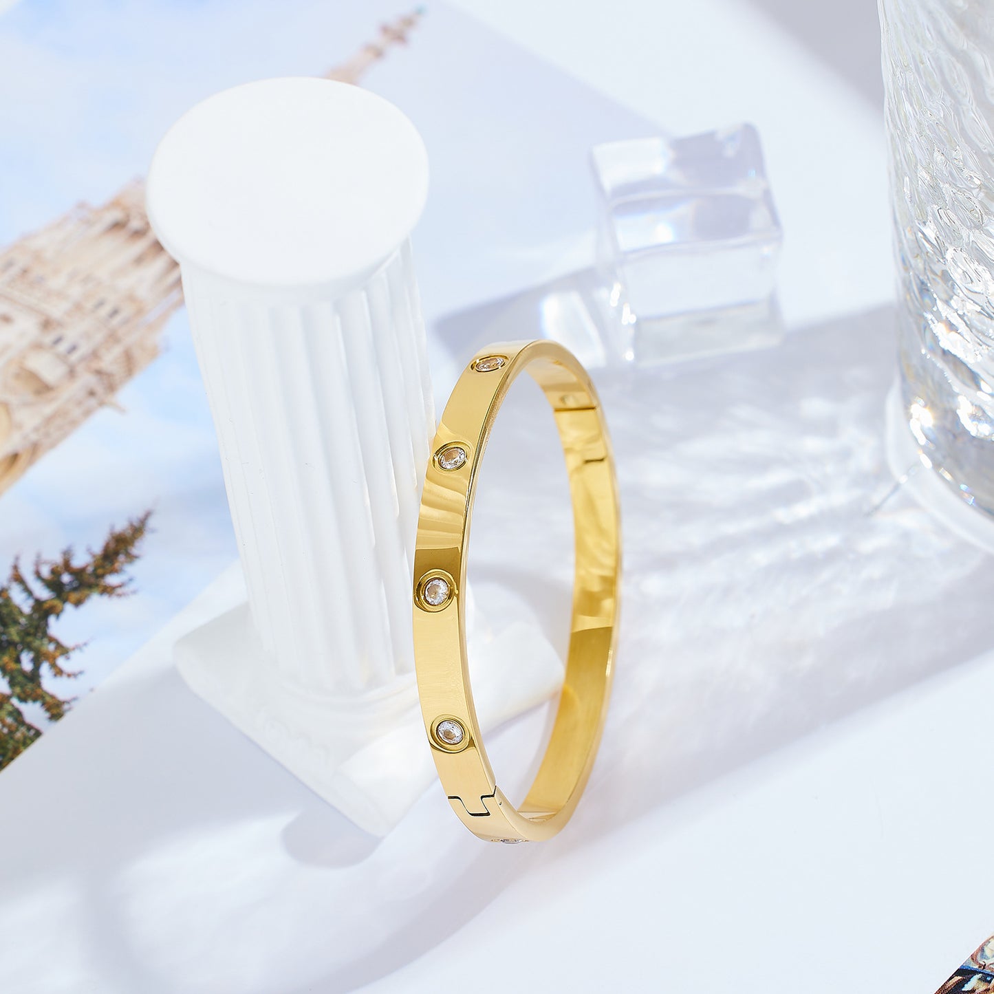 Gelang Berlian Mewah 18k Emas untuk Wanita - Bangle Stainless Steel Anti Pudar | Aksesoris Perhiasan Elegan - 我的商店