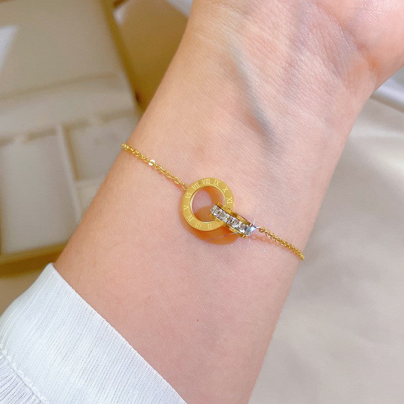 Gelang Double Circle Roman untuk Wanita - Stainless Steel 18k Emas Anti Pudar | Aksesoris Perhiasan Elegan - 我的商店