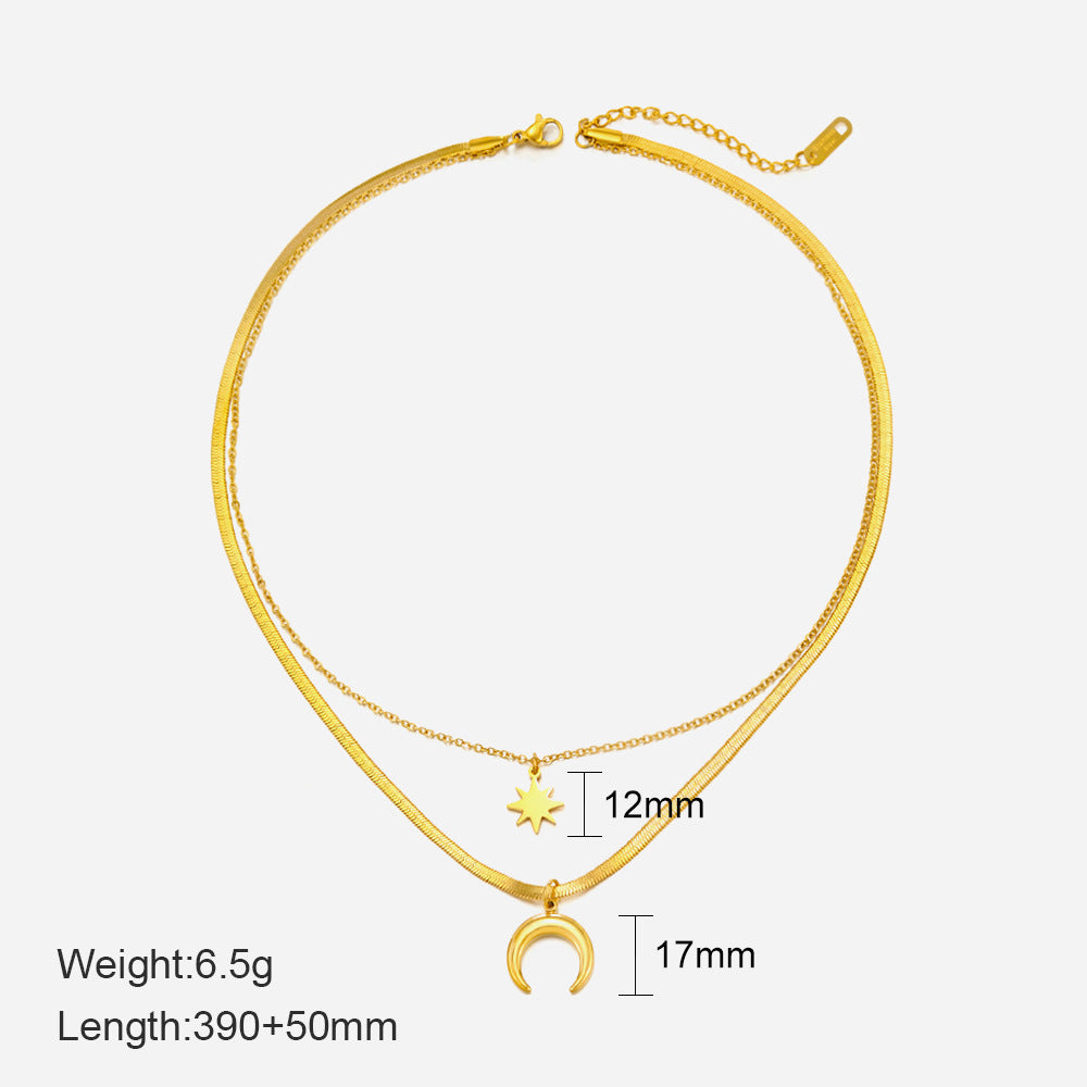 Kalung Bintang Bulan 18k Emas Wanita - Perhiasan Stainless Steel Elegan Anti Kusam, Desain Hexagram Trendy, Grosir Harga Terbaik - 我的商店