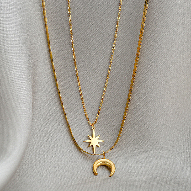 Kalung Bintang Bulan 18k Emas Wanita - Perhiasan Stainless Steel Elegan Anti Kusam, Desain Hexagram Trendy, Grosir Harga Terbaik - 我的商店