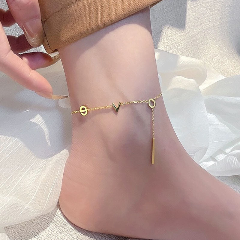 Gelang Kaki "LOVE" Wanita - Rantai Emas Stainless Steel Anti Kusam, Aksesoris Pantai - 我的商店