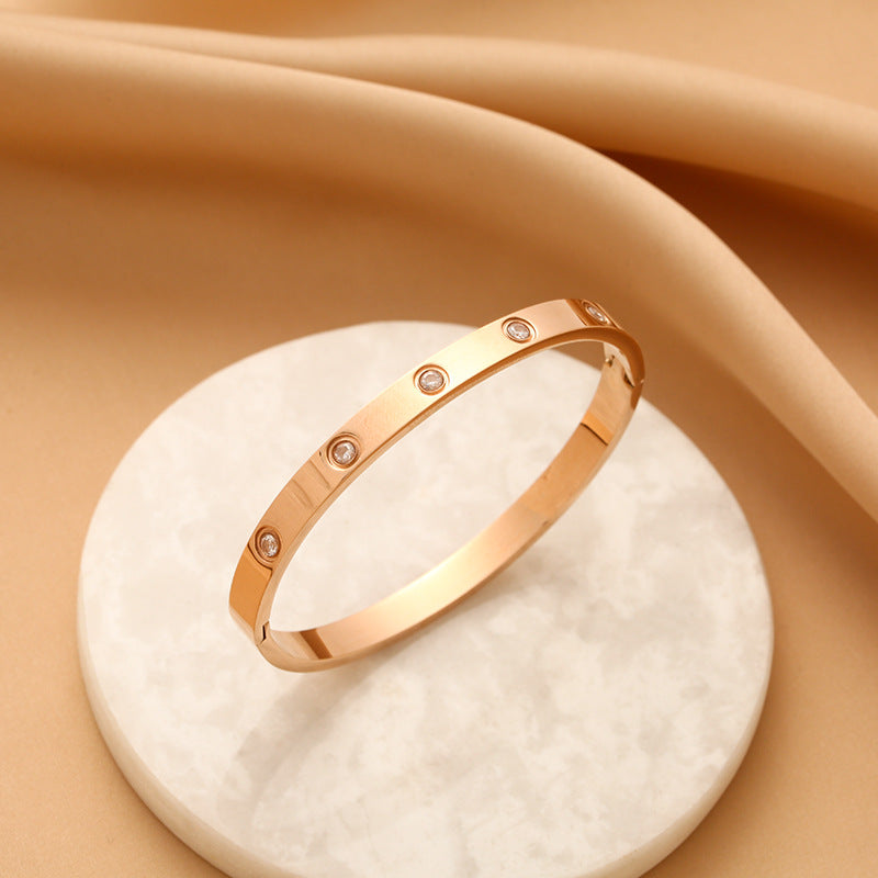 Gelang Berlian Mewah 18k Emas untuk Wanita - Bangle Stainless Steel Anti Pudar | Aksesoris Perhiasan Elegan - 我的商店
