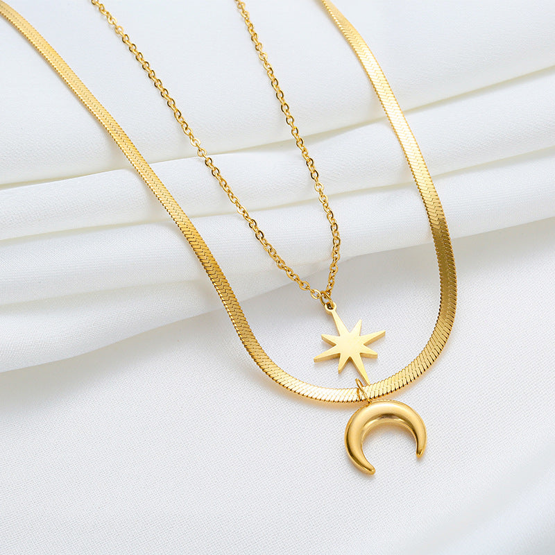 Kalung Bintang Bulan 18k Emas Wanita - Perhiasan Stainless Steel Elegan Anti Kusam, Desain Hexagram Trendy, Grosir Harga Terbaik - 我的商店